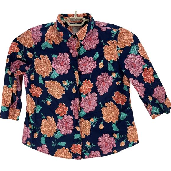 Chicos Blouse Size 12 Orange Pink Floral 100% Cotton Colorful Business Casual - Picture 4 of 9